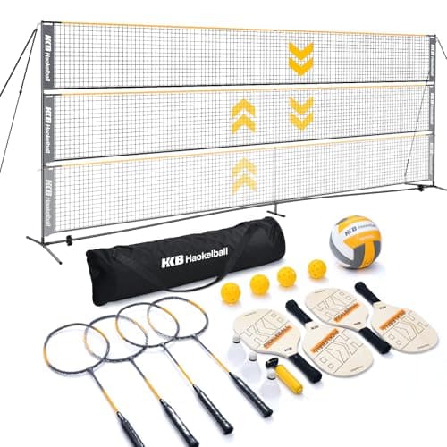Haokelball Badminton Volleyball Pickleball Net Set, 22FT Portable All-in-One Nets System for Outdoor Beach Indoor with Adjustable Height, Includes Balls Rackets Pump Carry Bag