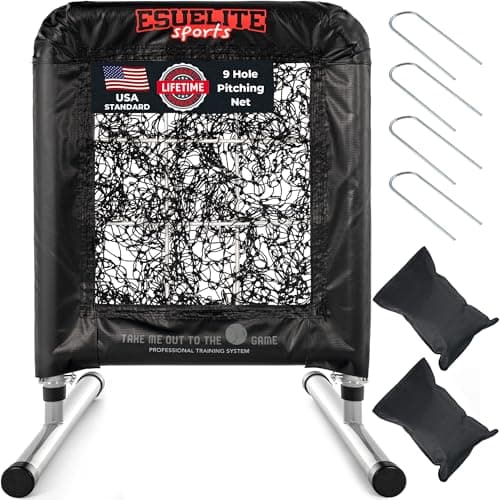 Heavy-Duty 9 Hole Pro Style Baseball & Softball Pitching Net with Strike Zone Target - Adjustable Portable Design for Training, Includes 4 Stakes & 2 Sandbags（Black Pro）