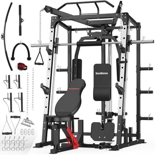 SunHome Smith Machine with Weight Bench, Multifunction Power Cage Squat Rack with Smith Bar, LAT Pull-Down Systems, Cable Crossover Machine for Home Gym