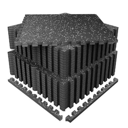 SUPERJARE 0.56'' Thick 24 Pcs 96 Sq Ft Rubber Top Exercise Equipment Mats, High Density EVA Foam Mats with Rubber Top, Interlocking Gym Flooring for Home Gym, Protective Workout Mat, Black/Grey