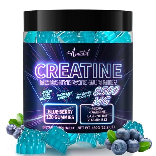 Asumtal Creatine Monohydrate Gummies Complex 8500 MG for Men & Women, Creatine Monohydrate Supplement for Muscle Growth, Strength & Energy Support, Pre Workout Gummies 120 Count Blueberry