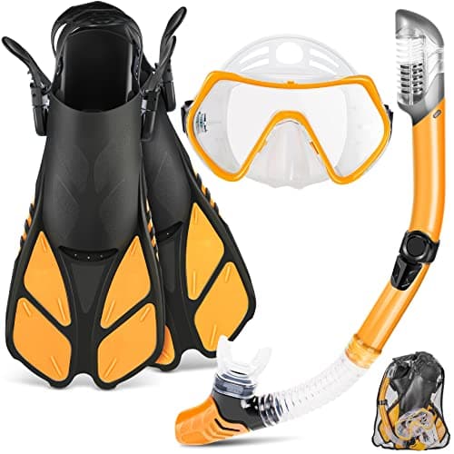 ZEEPORTE Mask Fin Snorkel Set with Adult Snorkeling Gear, Panoramic View Diving Mask, Trek Fin, Dry Top Snorkel +Travel Bags, Snorkel for Lap Swimming