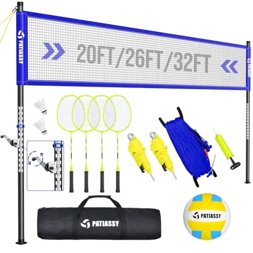 Volleyball Badminton Net Set Combo for Backyard Beach, 2-in-1 Adjustable Net with 4 Heights (5.1–8FT) & 3 Widths (20–32FT), 4 Aluminum Rackets, Goose Feather Shuttlecocks, Volleyball & Carrying Bag