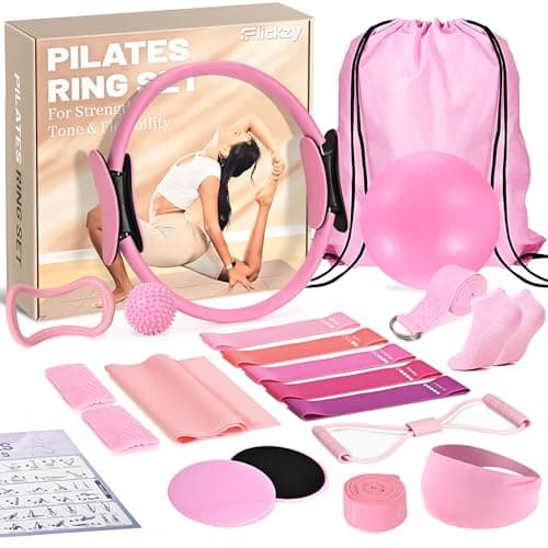 Flickzy 20 Pcs Pilates Ring Set for Women, Magic Circle Pilates Rings 12" with Resistance Bands, Pilates Kit for Home Workouts, Pilates Equipment for Strength, Toning and Flexibility(Pink,15pcs)