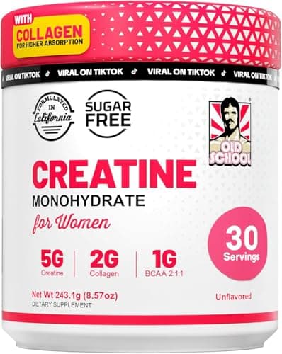 Old School Labs Creatine for Women – Post-Workout Supplement with 5000mg Creatine Monohydrate Powder, 2000mg Collagen & BCAA 2:1:1 for Strength Support & Recovery – Unflavored - 8.57 Ounce (Pack of 1)