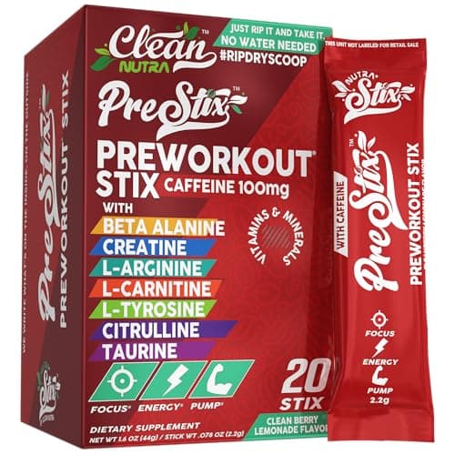 Clean Nutraceuticals Pre Workout Powder Energy Sticks - Caffeine 100mg, Energy Drink Mix, Creatine Monohydrate, Beta Alanine, L-Citrulline, L-Tyrosine, L-Carnitine, Electrolyte Hydration Packets 20 Ct