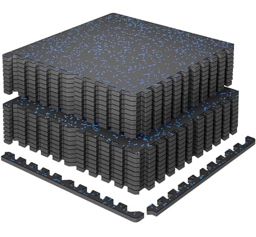 SUPERJARE 0.79'' Extra-Thick Exercise Equipment Mats, 18 Pcs 72 Sq Ft Rubber Top Floor Tiles with High Density EVA Foam, Interlocking Gym Flooring for Home Gym, Workout Mat, Black/Blue