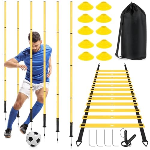 SMTPDT Soccer Agility Training Equipment: 6 Soccer Agility Poles, 20ft Agility Ladder, 10 Soccer Cones, 1 Jump Rope. Soccer Training Poles for Speed Training, Agility Training
