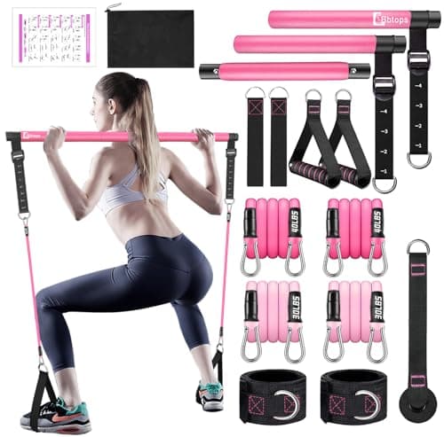 Bbtops Pilates Bar Kit with Resistance Bands(4 x Bands),3-Section Pilates Bar with Stackable Bands Workout Equipment for Legs,Hip,Waist and Arm,Portable Home Gym for Women Full Body (Pink30lbs,40lbs)