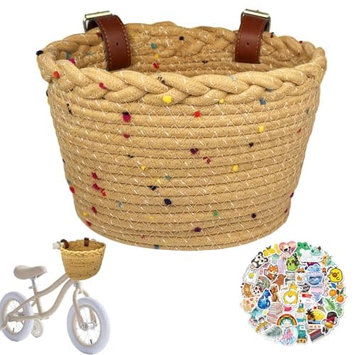 Kids Bike Basket Rope Woven Front Bicycle Basket for Boys Girls Kids Front Handlebar Basket for Scooter,Balance Bikes Cute Bike Basket with Colored Spots