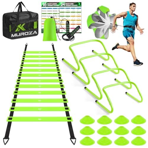 Agility Ladder Speed Training Equipment Set-20ft Agility Ladder,12 Soccer Cones,4 Hurdles, Jump Rope, Running Parachute, Basketball Football Soccer Training Equipment for Kids, Youth, Adults(green)