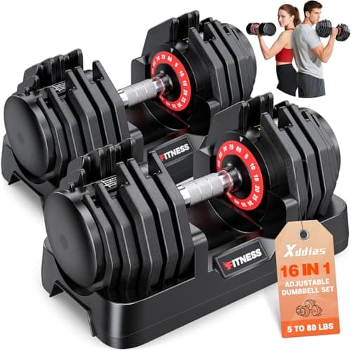 XDDIAS Adjustable Dumbbell Set of 2, 25/55/80LB Dumbbell Set-Fast Adjust Weights Set, 5/10/16 in 1 Free Weights Dumbbells Set with Anti-Slip Metal Handle, Compact Size for Men/Women Home Gym Equipment (80LB-Pair-16 Gears)