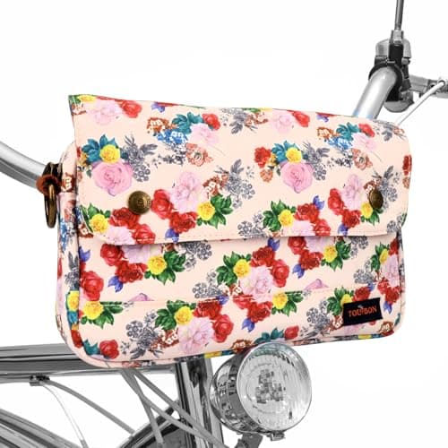 TOURBON Bike Bag Bicycle Handlebar Bag Zipper Closure Pouch Crossbar Front Frame Basket Cycling Saddebag Under Seat Strap-on Rear Rack Pannier (White with Flower (type 2))