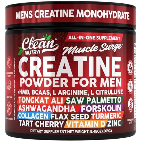 Clean Nutra Creatine Powder for Men + HMB BCAA L Arginine L Citrulline Tongkat Ali Saw Palmetto Ashwagandha Collagen Flax Seed Turmeric Preworkout Stevia Nitric Oxide L Glutamine Amino Acids