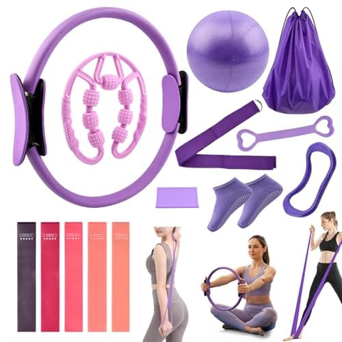 At Home Pilates Kit for Women, Home Workout Pilates Equipment Set with Pilates Ring, Ball, 5 Resistance Bands,Pedal Puller Resistance Band, Pilates Essentials Kit for Starter, Beginners（Purple）
