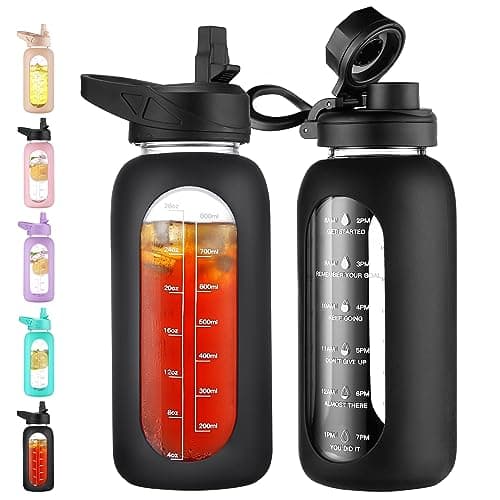 CIVAGO 32 oz Glass Water Bottle with Straw and Handle, Large Sports Motivational Water Bottle Flask with Time Marker and 2 Lids, Leakproof Water Jug Canteen with Silicone Sleeve for Gym,Black