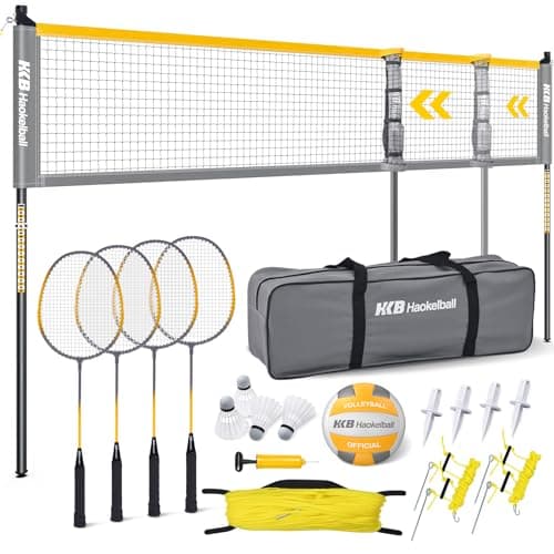 Haokelball Badminton Net Set – Anti-Sag System, Set of 4 Professional Carbon Fiber Rackets with 4 Shuttlecocks, Volleyball & Badminton Combo Set, Badminton Sets for Backyards