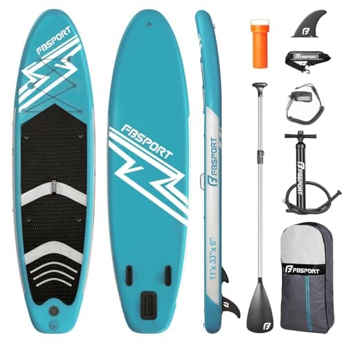 FBSPORT 11' Premium Stand Up Paddle Board, Yoga Board with SUP Accessories & Carry Bag | Wide Stance, Surf Control, Non-Slip Deck, Leash, Paddle and Pump for Youth & Adult (Lake Blue)
