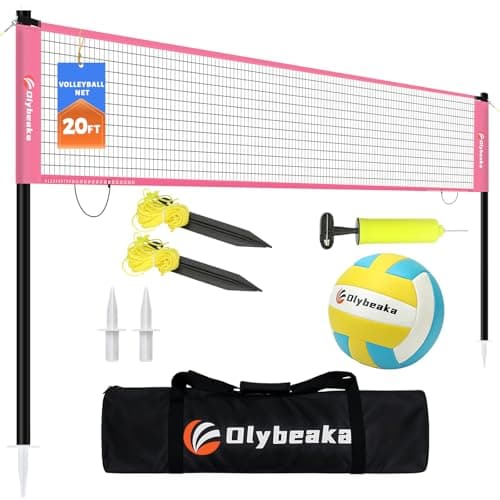 Portable Outdoor Volleyball Net Set for Backyard Beach with Adjustable Poles, Soft PU Volleyball & Pump, Carry Bag and Durable Anti-Sagging Net (Pink, 20ft)