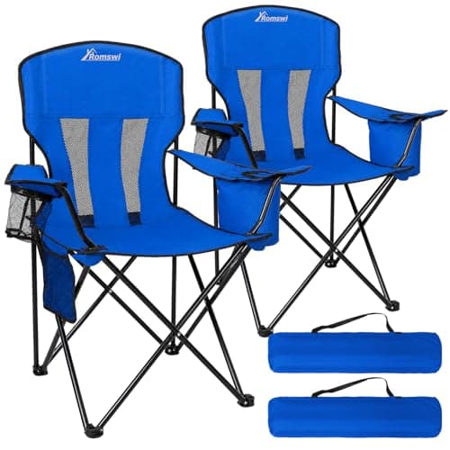 Camping Chairs for Adults 2 Pack, Folding Chair with 4-Can Cooler Bag & Cup Holder, Portable Heavy Duty Outdoor Chair with Mesh Back for Camping, Beach, Lawn, Fishing, Blue