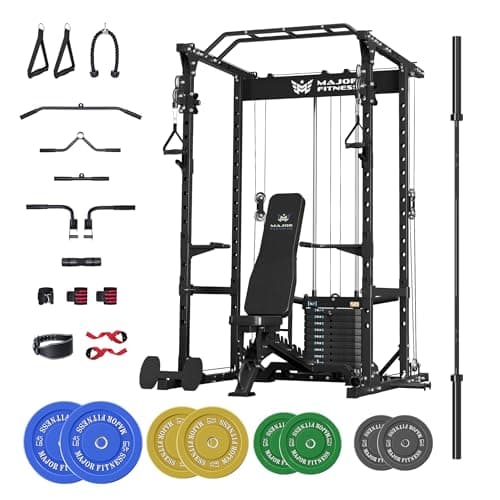 MAJOR FITNESS Drone1 Power Cage - Multi-Function Power Rack for Home Gym, Squat Rack, Cable Crossover System, for Strength Training (D1AW+Elite Bench+230LB+Bar, Black)