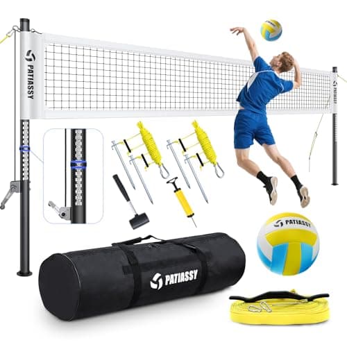 Professional Heavy Duty Volleyball Net Set for Backyard & Beach, Outdoor Net System with Steel Anti-Sag Winch, 32FT Reinforced Net, Height Adjustable Rust-Resistant Aluminum Poles, Portable Carry Bag