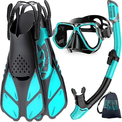 Zenoplige Mask Fins Snorkel Set, Snorkeling Gear for Adults, Panoramic View Snorkel Mask Anti-Fog, Adjustable Dive Flippers, Dry Top Snorkel and Travel Bag, Scuba Gear for Swimming Snorkeling Diving
