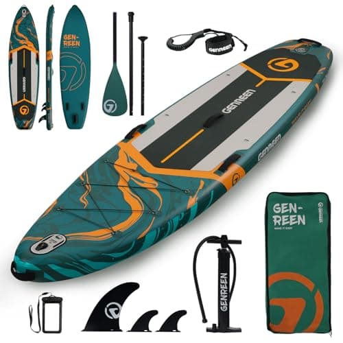 Genreen Paddle Board Stand Up Paddle Board Inflatable SUP 11'34"6" with 5 Grips 3 Fins EVA 0.5cm Ultra Stable Wide 450lbs Capacity for Water Sports Yoga Fishing Jungle Green with Bright Green Edge