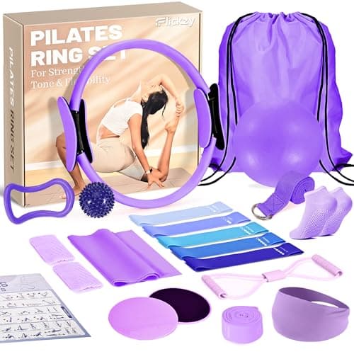 Flickzy 20 Pcs Pilates Ring Set for Women, Magic Circle Pilates Rings 12" with Resistance Bands, Pilates Kit for Home Workouts, Pilates Equipment for Strength, Toning and Flexibility(Purple,15pcs)