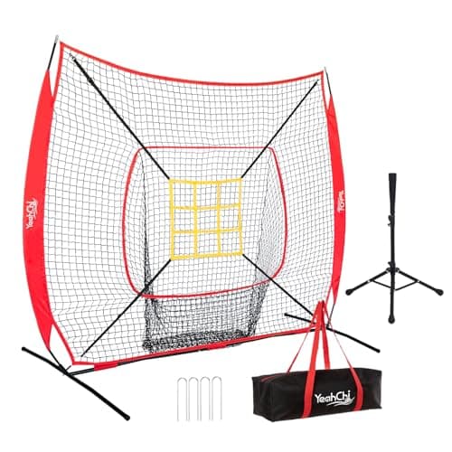 YeahChi 7x7 Ft Baseball and Softball Training Net with Batting Tee, Strike Zone Target, Portable Hitting and Pitching Practice Set (Red)