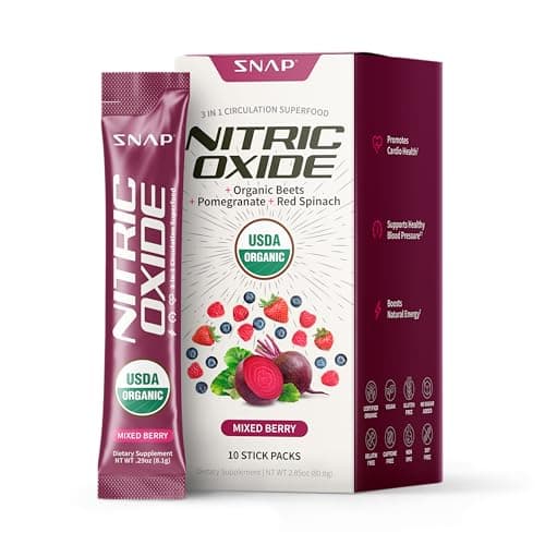 Snap Supplements Organic Beet Root Powder Nitric Oxide Supplement for Men & Women with Red Spinach, Supports Healthy Energy & Blood Pressure Already in Normal Range, 10 Stick Packs, Mixed Berry
