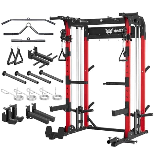 MAJOR FITNESS F22 Power Rack, 1600lbs All-in-One Squat Rack with Cable Crossover, Dual Pulley System, Heavy-Duty Steel Frame, Attachments & Storage for Home Gym Strength Training, Red