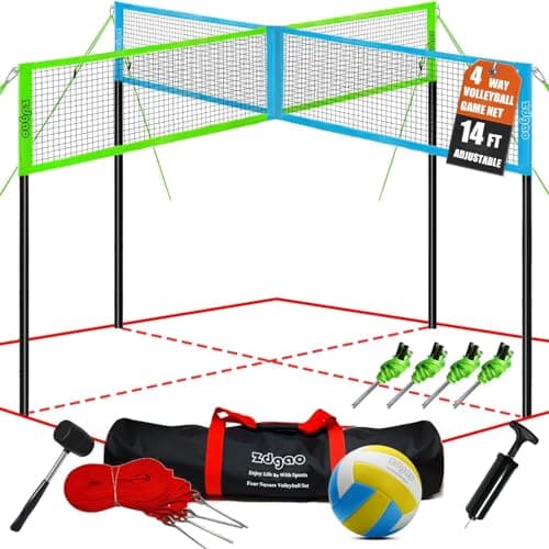 Zdgao Four Way Volleyball Net 14ft x 14ft Height Adjustable 4 Square Volleyball Badminton Outdoor Set for Backyard Lawn Beach Game Play | Come with Soft Volleyball, Hammer and Carry Bag