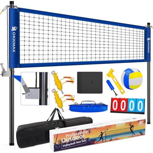 Professional Outdoor Volleyball Net Set with Adjustable Poles & Anti-Sag Design, Portable Volleyball Net Includes Beach Fixed Plate, Scoreboard, Boundary Line and Carry Bag for Backyard Beach Grass