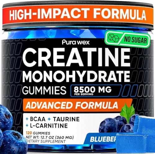 PURA WEX NUTRITION Creatine Monohydrate Gummies 8500mg Complex for Men & Women - Pre Workout Creatine Chews for Muscle Growth, Strength & Energy, Sugar Free, Vegan, Blueberry Flavor - 120 Count