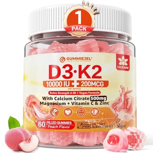 Vitamin D3 K2 Gummies 5000IU / 10,000 IU with 500mg Calcium + K2 (MK-7), Magnesium, Vitamin C & Zinc, For GLP-1 Users, Extra Strength - Ultimate Absorption for Bones, Muscles & Teeth, Vegan, 60Count
