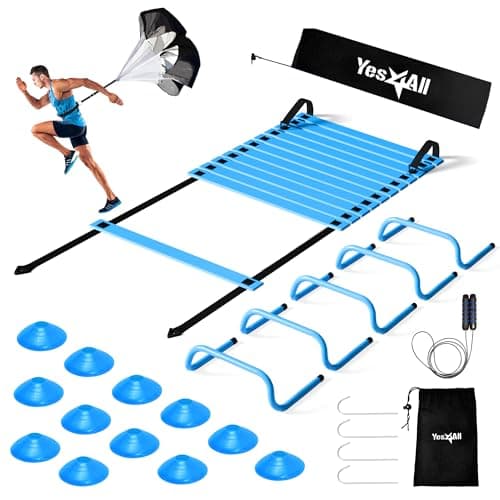 Yes4All Agility Ladder – Adjustable Speed & Agility Training Equipment for All Ages, Durable Speed Ladder, Multiple Combo Sets Available, Blue,12 Agility Cones, 5 Hurdles, Jump Rope, Running Parachute