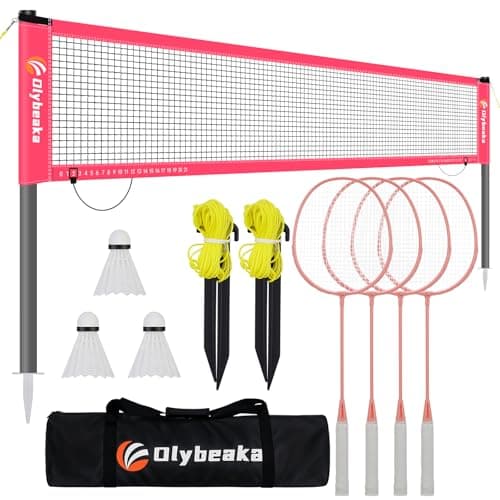 20ft Portable Outdoor Badminton Net Set for Driveway Backyard, Beach, Park with Durable Anti-Sag PE Net, Heavy Duty Steel Poles, 4 Badminton Rackets, 3 Shuttlecocks and 600D Carry Bag