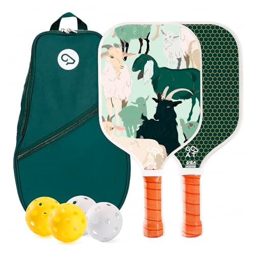 Goat Cute Pickleball Paddles Set of 2, Includes 4 Indoor & Outdoor Balls and Carry Bag, Lightweight Durable Fiberglass Pickleball Rackets Set for Men, Women & Beginners, Pickleball Gifts (Green)