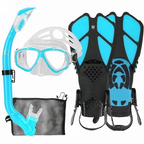 Kids Snorkeling Set with Fins Anti Leak Snorkeling Gear for Kids with Adjustable Flippers, Youth Junior Full Dry Snorkel Set Swimming Goggles with Nose Cover Diving Mask Scuba with Bag, 5-14 Yrs