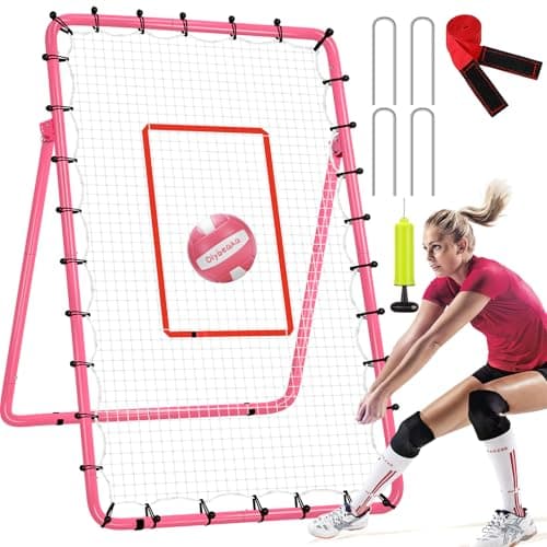 5-Angle Adjustable Volleyball Rebounder Net 7x4ft, Durable & Portable Bounce Back Training Equipment for Practicing Volleying Bumping Spiking with High-Tension Net, PU Volleyball, Pump, Stakes (Pink)