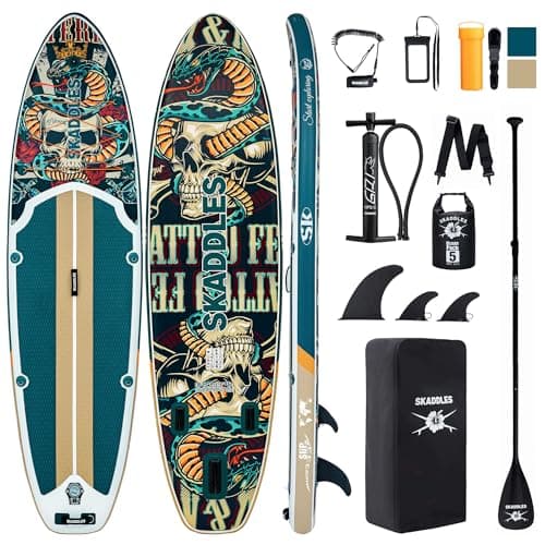 SKADDLES 10’6’’ Portable Inflatable Stand Up Paddle Board (SUP) for Adults and Youth with Non-Slip Deck – Complete Accessories Kit, Perfect for Fishing, Yoga, Fitness & Family Fun (Retro Skullz)