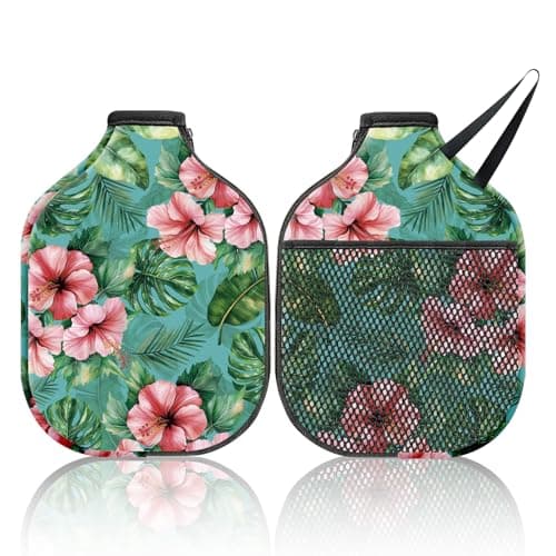 CUTHOLLOW 2PCS Tropical Flower Pickleball Paddle Cover with Rope & Zipper, 7.87"x11.81" Neoprene Scratch-proof & Machine Washable Racket Protective Case for Most Standard & Elongated Paddles