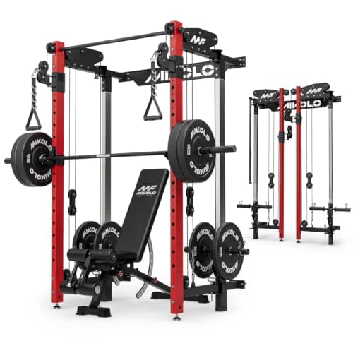 Mikolo Folding Squat Rack, Wall Mounted Power Rack with Cable Crossover Machine & LAT Pull Down, Functional Trainer with 5 Adjustable Function Modes, Basic Home Gym Package with Weights(Red)