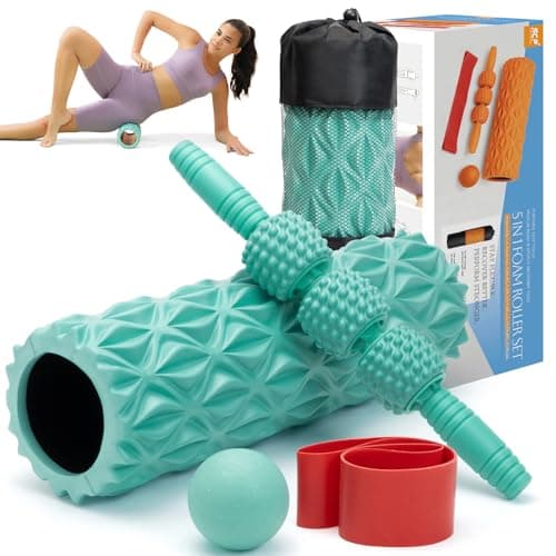 5 in1 Foam Roller Set, Trigger Point Foam Roller, Massage Roller Stick, Massage Ball, Resistance Band for Deep Muscle Massage Pilates Yoga,Fitness Exercise for Whole Body (Pure Turquoise)