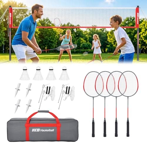 Haokelball Outdoor Badminton Net Set with Anti-Sag Winch System - 20ft Badminton Net, 4 Rackets, 3 Shuttlecocks & Carry Bag, Badminton Set for Backyard, Grass, Beach, Family Games