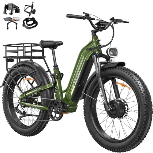 FREESKY Dual Motor Electric Bike for Adults 3500W Fast Ebike 105Miles Long Range 48V 25A Electric Mountain Bike 34MPH Dirt E Bike 26'' Fat Tire Full Suspension Electric Bicycle Women/Man Green-Gift