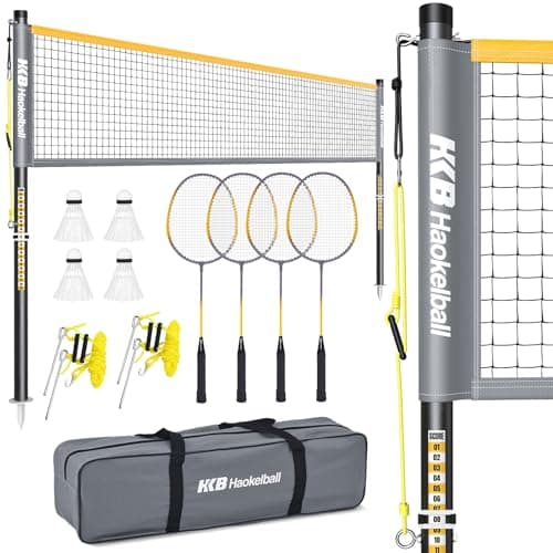 Haokelball Outdoor Badminton Net Set with Anti-Sag Winch System - 20ft Badminton Net, 4 Rackets, 3 Shuttlecocks & Carry Bag, Badminton Set for Backyard, Grass, Beach, Holiday Games