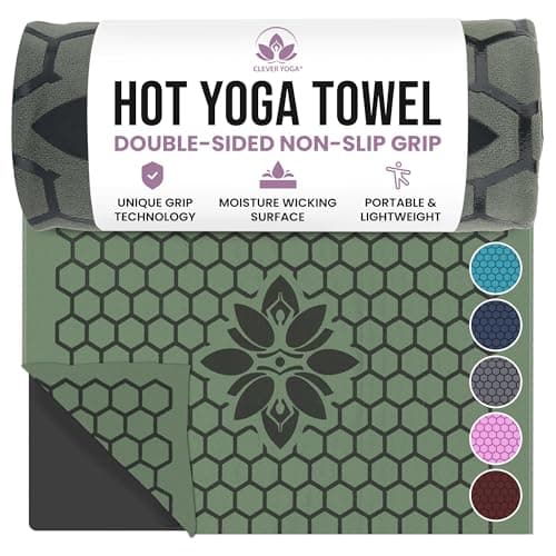 Clever Yoga Hot Yoga Mat Towel – Non-Slip Grip for Hot Yoga, Sweat Absorbent, Honeycomb Silicone Grip, Stays Flat – Ideal for Pilates, Travel, Washable & Lightweight - Olive