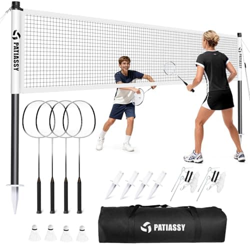 Patiassy Badminton Set for Backyard, Outdoor Badminton Net with Anti-Sag Design, 4 Professional Badminton Rackets, 4 Shuttlecocks and Carry Bag for Lawn or Beach